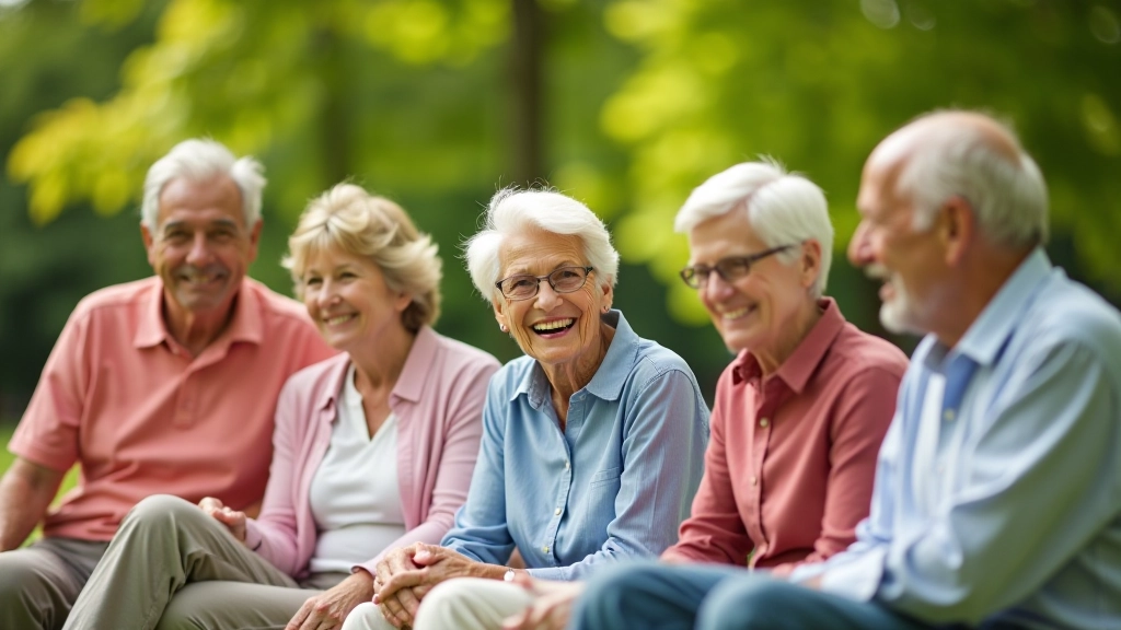Group of five healthy active adults laughing together at outdoor wellness meetup in park