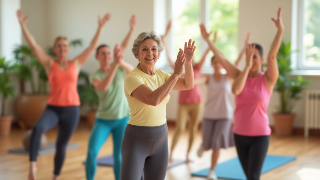 Group of healthy active adults in fitness class stretching together during gentle exercise session