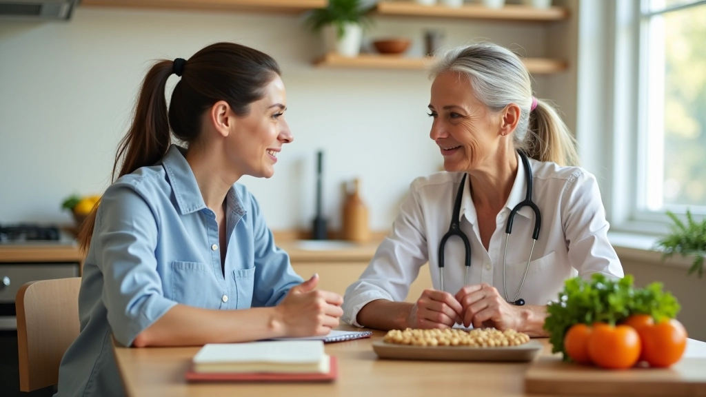 Registered dietitian aged 40 discussing nutrition and meal planning with mature woman at kitchen table with fresh vegetables and whole grains